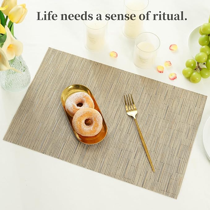 Leetaltree Light Brown Placemats Set of 12 - Heat Resistant Non-Slip Place mats for Dining Table, Washable Durable PVC Vinyl Woven Table Mats(Light Brown, 12)