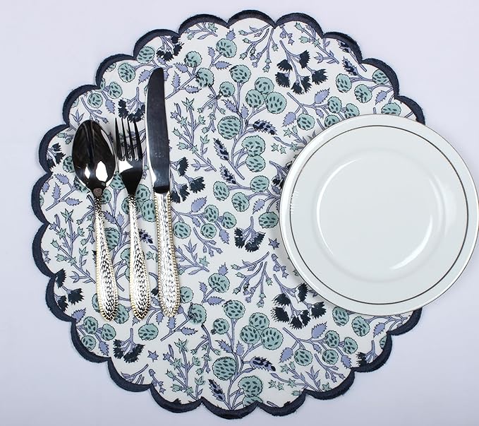 Ridhi Bo-ho Round Place Mat Double Layer Floral Cotton Washable Placemats 15" Round Embroidery Block Print Table Mat (Pack of 4-15 Inch Round, Denim Blue)