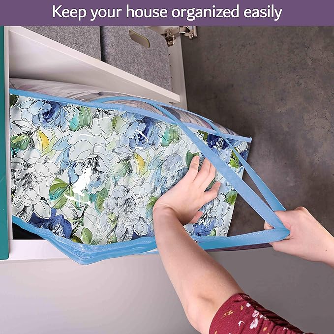 Clear Vinyl Zippered Storage Bags (3-Pack) 40L Sturdy Storage Bags for Sweaters, Blankets, Comforters, Bedding Sets and Much More! (Light Blue, 18x15x9)