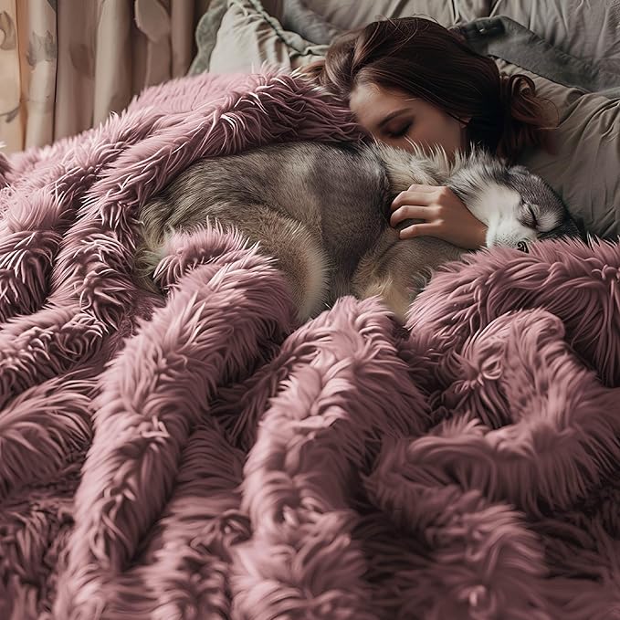 Bedsure Fluffy Dusty Pink Blankets Queen Size for Bed, Thick Sherpa Faux Fur Fleece Fuzzy Plush Winter Warm Soft Full Queen Blankets, Bedroom Decor Pink Gifts Cozy Gifts for Women Men, 90x90