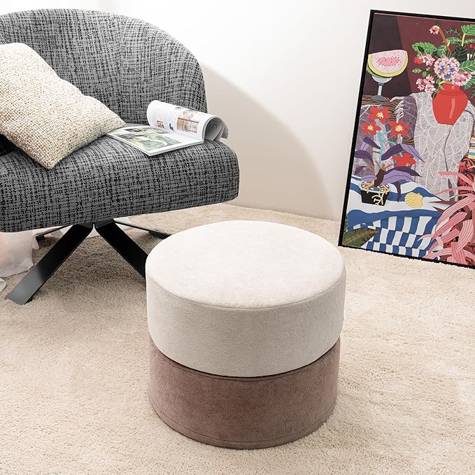 Pouf Ottoman Foot Rest Stool, Double Layer Round Modern Foam Filled Foot Stool for Couch, Living Room, Bedroom (Apricot and Brown)