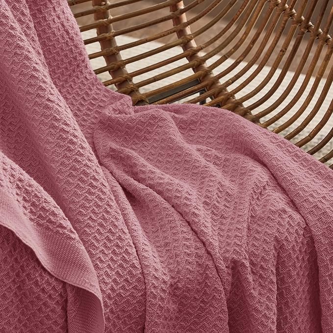 Bedsure 100% Cotton Blanket Queen Size for Bed - Breathable and Soft, Waffle Weave Blanket for Summer Spring, Dusty Rose, 90x90 Inches