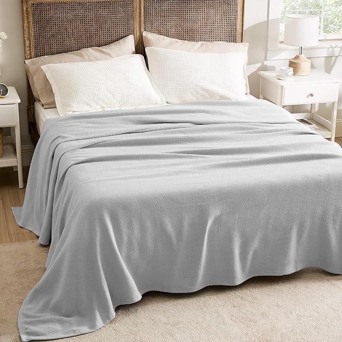 Bedsure 100% Cotton Large Blanket Oversized King for Bed 120x94 inches - Breathable Soft Cozy Herringbone Woven Blanket for Summer, Couch Cover, Grey