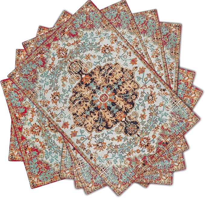Ethnic Boho Placemats Set of 6 Bohemian Carpet Vintage Black Coral Floral Linen Washable Kitchen Dining Table Mats Stain Heat-Resistant Desktop Decor Place Mats for Home Party Indoor 12x18 in