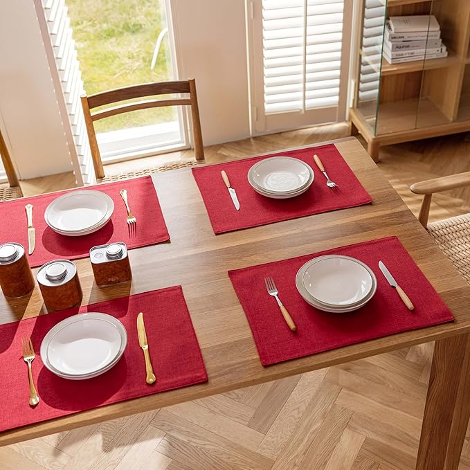 Demetex Red Placemats Set of 4 Wipeable Linen Place Mats Heat Resistant Cloth Placemats for Party Holiday Dinner, 13 x 19 inches, Wine Red