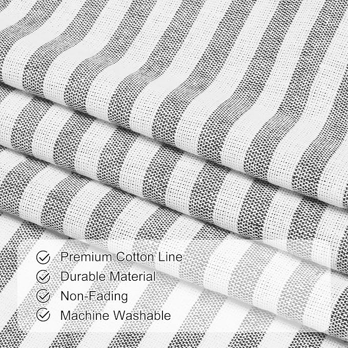ASPMIZ Cotton Linen Window Treatment Tiers 24 Inch, Boho Rustic Button Kitchen Curtains Farmhouse Style, Grey Stripe Half Window Curtains, Country Short Rod Pocket Curtain for Small Window, 2 Panels