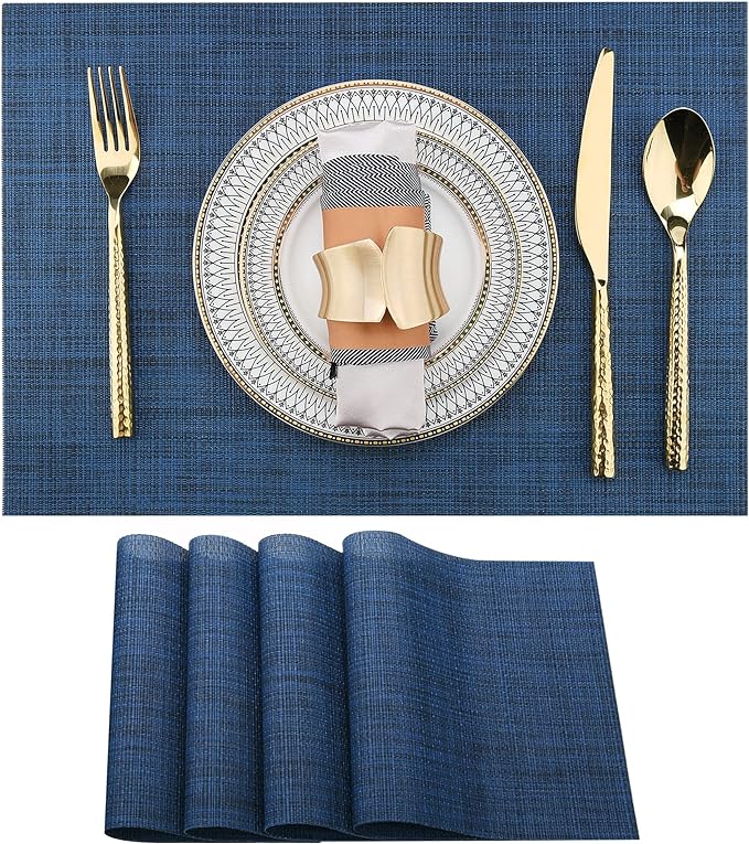 Navy Blue Placemats Set of 4 - Easy Clean Washable Vinyl Placemats - Wipeable Heat Resistant Table Mats for Dining Table - 17x12 Inch (Navy Blue, 4)