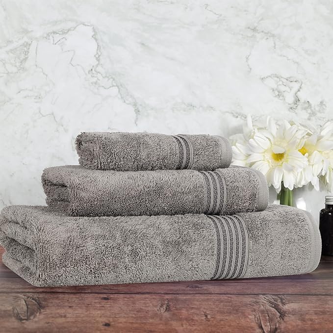 Superior Egyptian Cotton 3-Piece Towel Set, Assorted Towels for Home Bathroom, Master, Guest Bath, Decor Essentials, Includes 1 Bath, 1 Hand, 1 Face Towel/Washcloth, Quick Dry, Absorbent, Charcoal