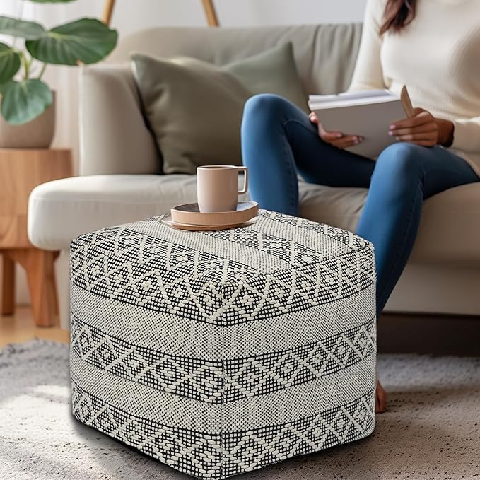 COTTON CRAFT Woven Dhurrie Pouf - Stripe Diamond Pattern Ottoman Footstool Bean Bag - Dorm Bedroom Small Spaces Accent Seating - Prefilled Comfortable Square Pouf Footrest - 16x16 - Ivory Black