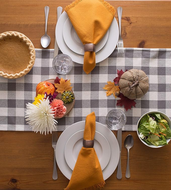 DII Heavyweight Fringed Check Tabletop Collection, Table Runner, 14x72, Gray