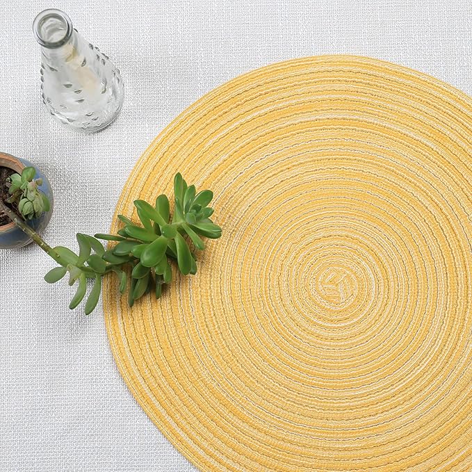 Noctiflorous Round Braided Placemats 15 Inch Round Table Mats Set of 6 for Dining Tables Natural Woven Heat Resistant Place Mats (Round Yellow)