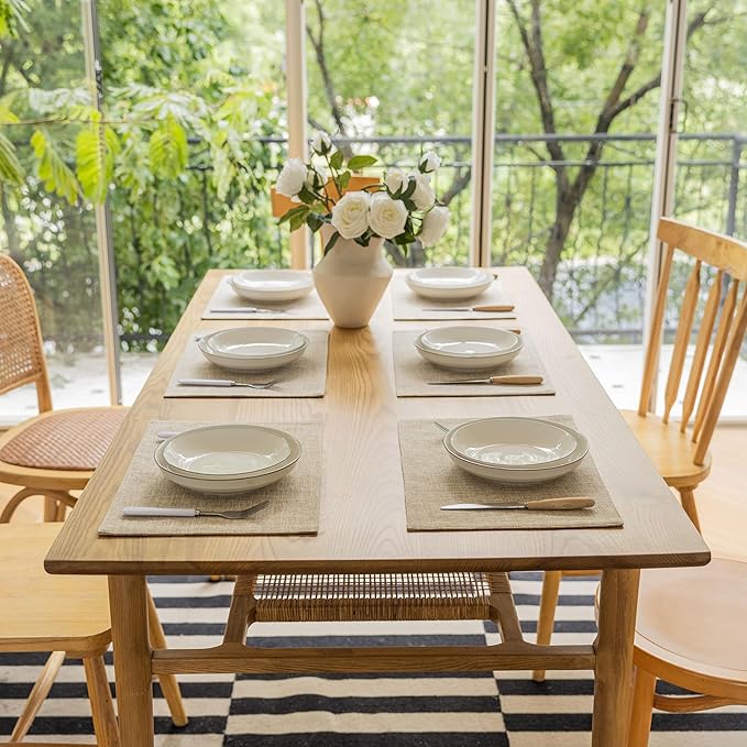 Demetex Burlap Place Mats Set of 6 Heat Resistant Linen Placemats Decorative Wipeable Fabric Table Mats for Dining Kitchen Tables, Burlap