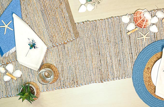 Chardin Home Natural Jute Table Runner 13x90 Inch – Vintage Boho Rustic Table Decor – Handwoven Jute Table Runner in Natural and Blue – Farmhouse Dining or Console Table Accent