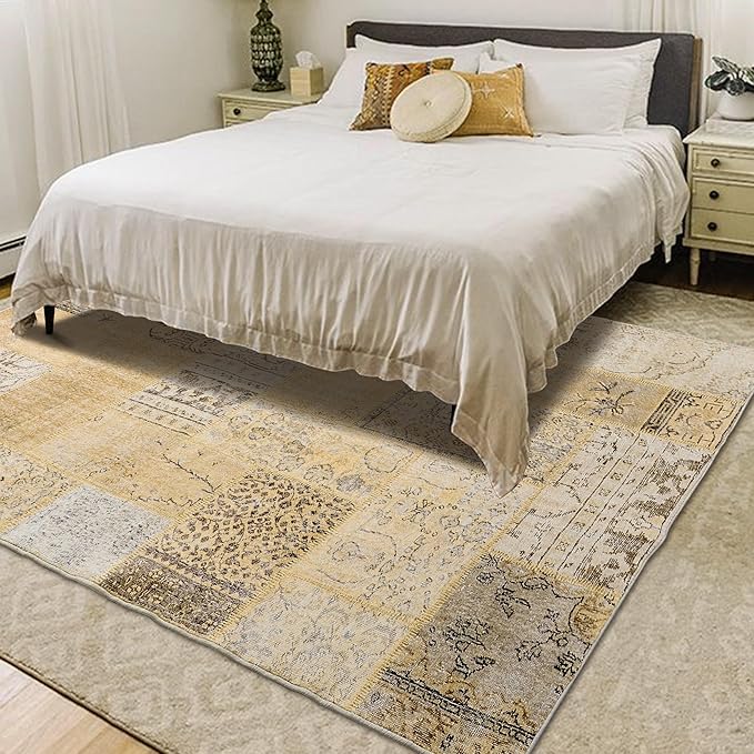 Tan Beige 8x10 Washable Large Area Rugs for Living Room,Geometric Boho Rug for Bedroom