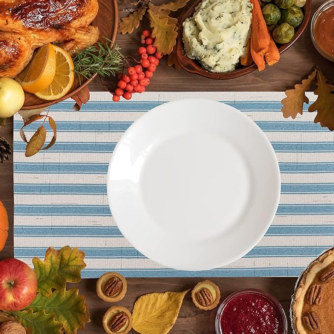 Home Brilliant Table Mats Set of 6 Heat Resistant Dining Placemats for Kitchen Table Farmhosue Rustic, 13 x 19 inches, Stripes, Teal(Aqua Sea Blue)