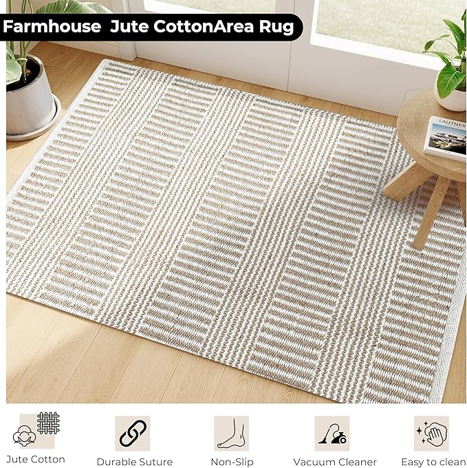 Bedding Craft Jute Cotton Stripe Area Rug for Living Room 24x36 Inch - Natural Ivory - Machine Washable 2x3 Feet Rugs - 70% Jute and 30% Cotton