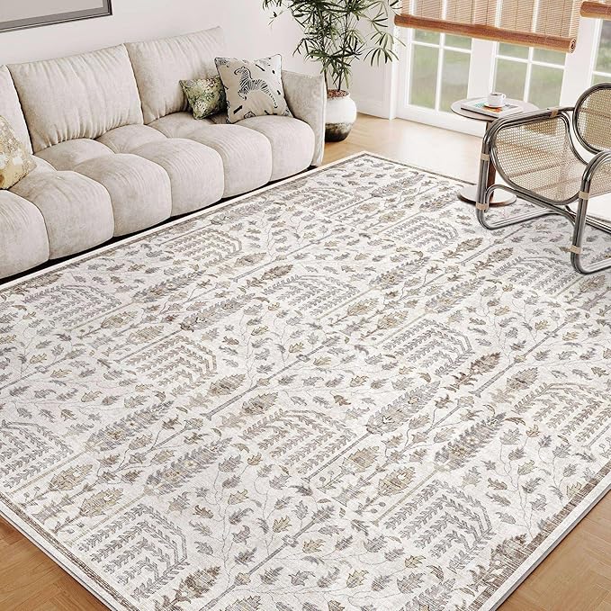 Area Rug 5x7 Washable Taupe Carpet Non Slip Large Boho Thin Floral Farmhouse Throw Accent Rug for Living Room Bedroom Office Kitchen Bathroom