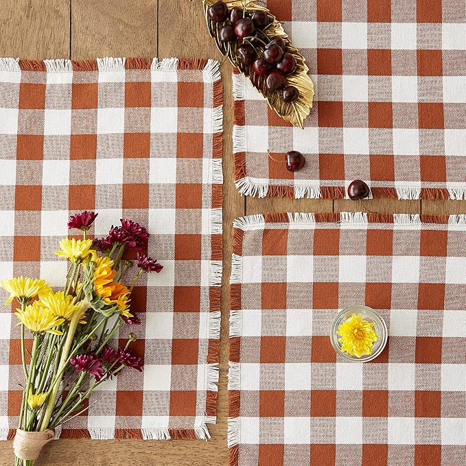 DII Heavyweight Fringed Check Tabletop Collection, Placemat Set, 13x19, Cinnamon, 6 Piece