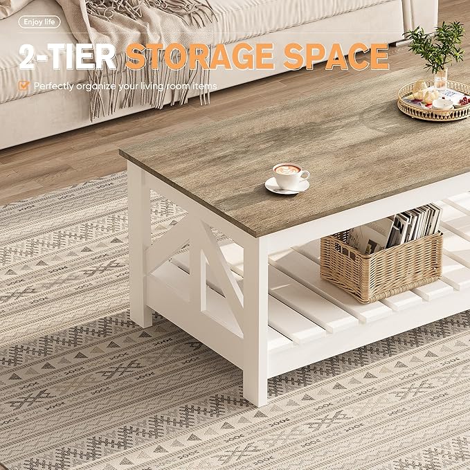 YESHOMY 39" Farmhouse Coffee Table, Coffee Tables for Living Room, Farmhouse Square Coffee Table with Storage, Couch Table, Small Tables for Small Spaces, Gray and White