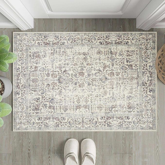 Taupe Entryway Area Rug 2x3 Door Mat Machine Washable Kitchen Vintage Distressed Non Slip Carpet Indoor Retro Floral Accent Throw Small Rug for Bathroom Office Bedroom Dining Living Room
