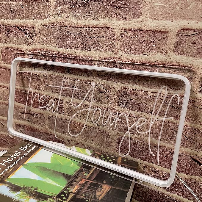 Treat Yourself Neon Sign for Wall Decor, Led Light Neon Signs with Dimmer for Bar Club Windows Cafe Bedroom Room Indoor Aesthetic Decoration Wedding Birthday Party Gifts , USB Powered Warm White Sign 15.8 x 7.9 Inch