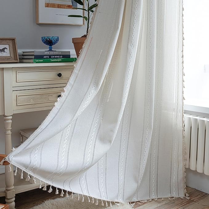 Sutuo Home Boho Curtains for Bedroom Living Room 90 Inches Long, Semi-Blackout Rustic Country Linen Embroidery Vintage Chic Tassels Hollow Window Treatment Bohemian Drape, 1 Panel 52" W x 90" L, Ivory
