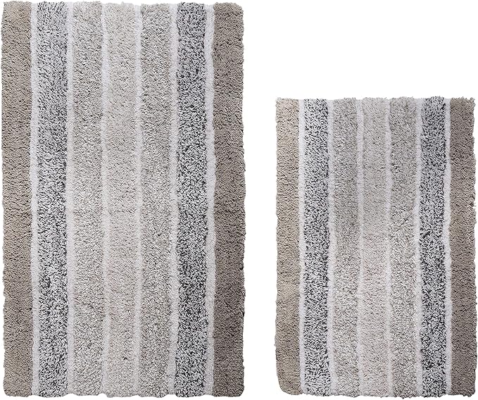 Bathroom Rugs Set 2 Piece Light Grey Alpine Stripe Non-Slip Cotton Bath Mats for Bathroom Floor |Quick Dry Bathroom Mat for Tub Spa Shower|Living Room Entry Way Door Mats |21x32 & 17x24 Inches