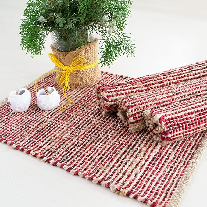 Chardin home | Natural Jute Placemats Set of 4 | 13x19 Inch. Rustic Farmhouse Place mats | Table mats Colors - Natural Jute and Red