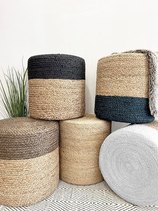 S & L Homes Pouf Ottoman - 100% Jute Braided Footrest Pouf Hand Knitted Traditional Cord Boho Pouffe for Living Room, Bedroom, Nursery, Patio, Lounge Colorblock - Natural Navy (16”x16”x16”)