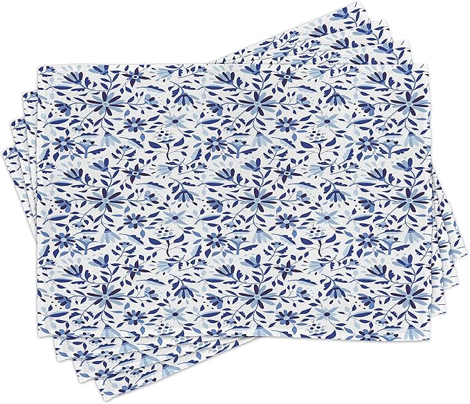 Ambesonne Indigo Place Mats Set of 8, Modern Minimalist Spring Time Flowers Swirls Leaves Image, Washable Fabric Placemats for Dining Table, Placemat 8 pcs, Blue Navy