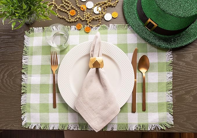 DII Heavyweight Fringed Check Tabletop Collection, Placemat Set, 13x19, Bright Green, 6 Piece