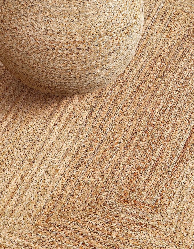 Hand Woven Farmhouse Jute Area Rug 5x8 Ft Round Natural Yarn, Rustic Vintage Beige Braided Reversible Rug, Eco Friendly Rugs for Bedroom, Kitchen, Living Room, Farmhouse 100% Jute Rug - Natural