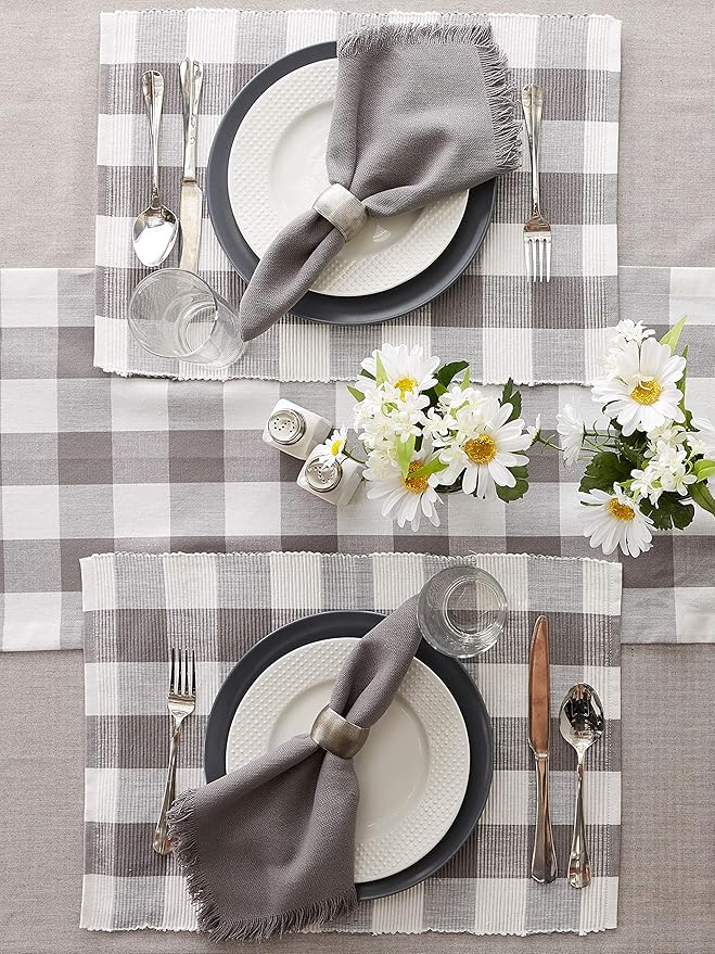 DII Buffalo Check Collection, Classic Farmhouse Placemat Set, 13x19, Gray & White, 6 Piece