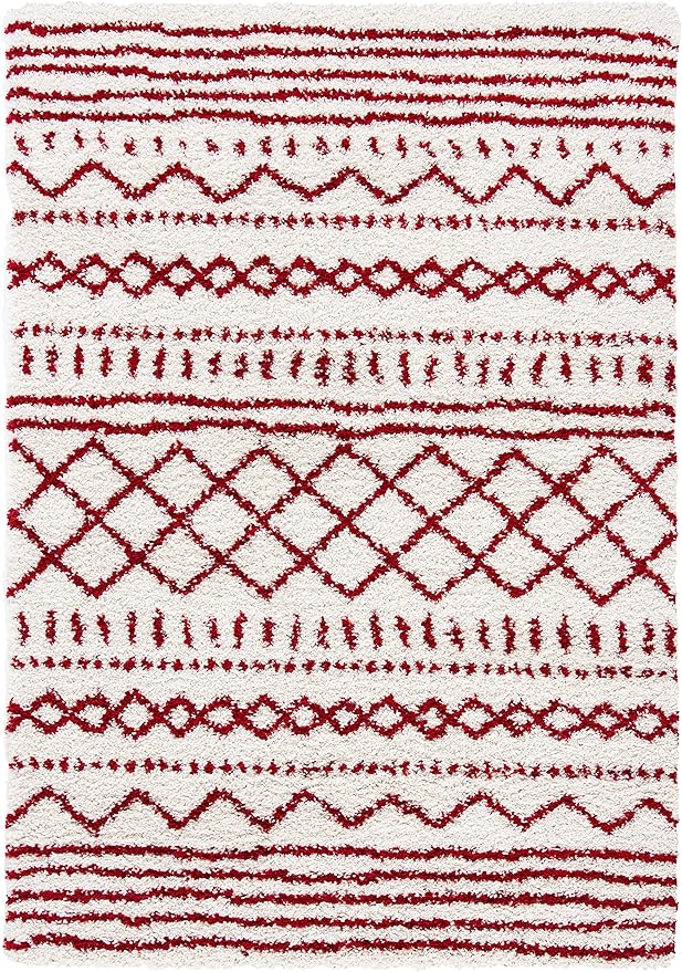 SAFAVIEH Arizona Shag Collection Area Rug - 6'7" x 9'2", Ivory & Red, Moroccan Design, Non-Shedding & Easy Care, 1.6-inch Thick Ideal for High Traffic Areas in Living Room, Bedroom (ASG741P)
