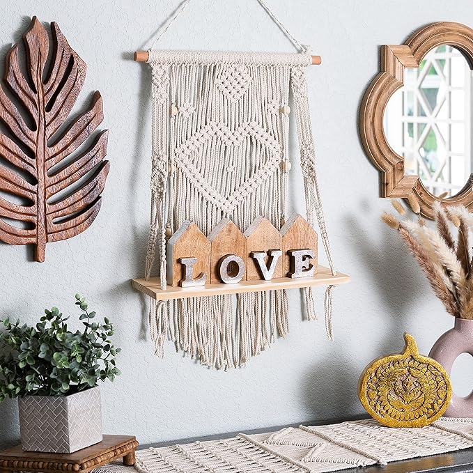 SnugLife Macrame Wall Hanging Shelf - Tier Wall Shelves with Handmade Woven Rope - Boho Shelves Organizer Hanger for Kitchen, Bathroom, Home Storage, Floating Indoor Plant Wall Shelf (1 Tier)