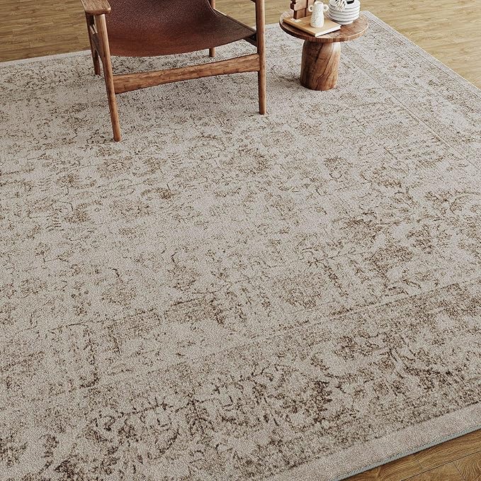 Light Brown Area Rug 4x6 Office Entryway Rug Machine Washable Kitchen Vintage Distressed Non Slip Carpet Indoor Retro Floral Accent Throw Door Mat for Bathroom Bedroom Dining Living Room