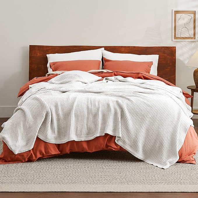 Bedsure 100% Cotton Blanket King Size for Bed - Breathable and Soft, Waffle Weave Blanket for Summer Spring, White, 104x90 inches