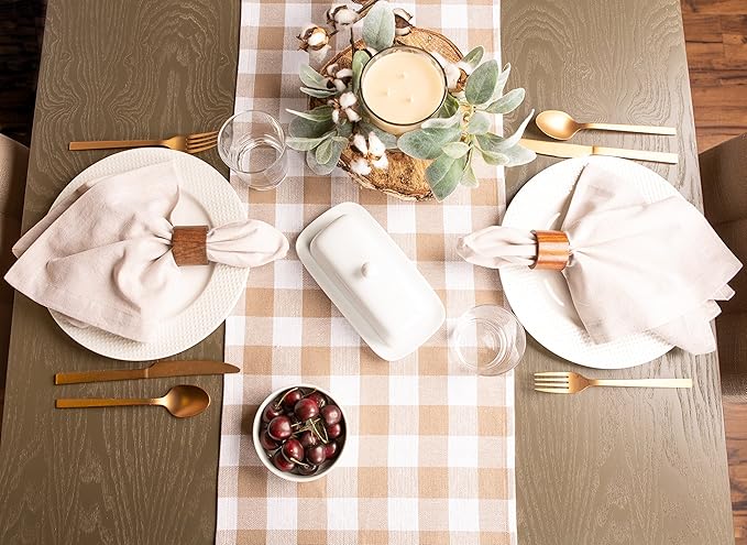DII Heavyweight Fringed Check Tabletop Collection, Table Runner, 14x108, Stone Brown