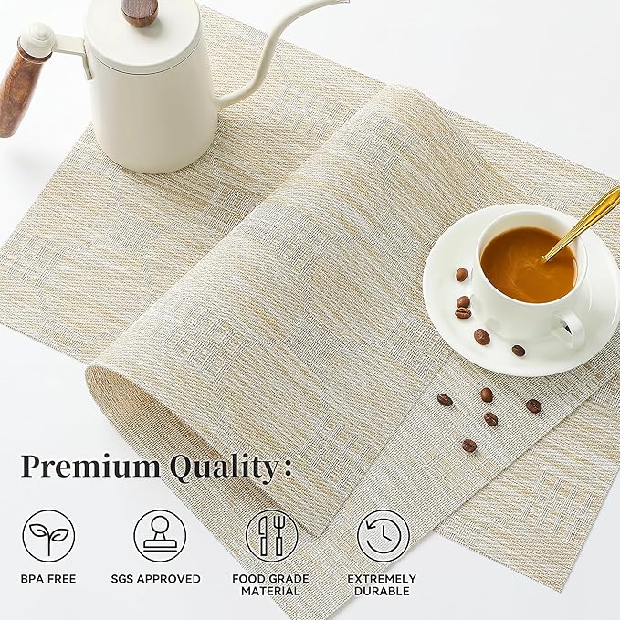 Leetaltree Wheat Placemats Set of 6 - Heat Resistant Non-Slip Place mats for Dining Table, Washable Durable PVC Vinyl Woven Table Mats(Wheat, 6)