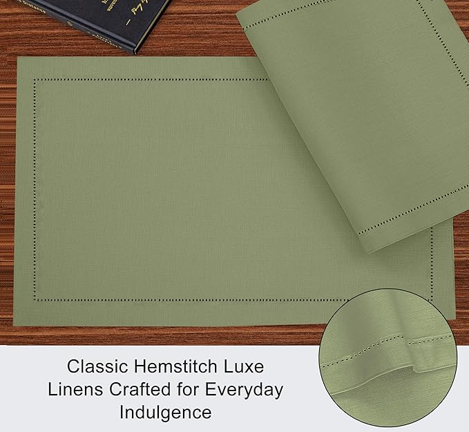 Ruvanti Linen Placemats Set of 6-13x19 Inch, Classic Hemstitch, Heat Resistant Machine Washable Place Mats, Soft & Elegant- Perfect for Christmas, Thanksgiving, Weddings, Dinner - Martini Olive