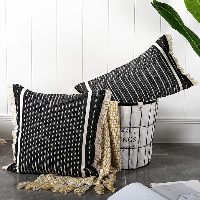 OJIA Modern Throw Pillow Cover with Tassels, Decorative Liana Fringe Accent Cushion Case, Farmhouse Woven Pillowcase for Sofa Chair Couch Bed Decor (Lumbar 20 x 20 Inches, Black)