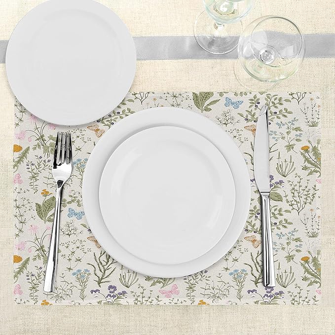Ambesonne Floral Place Mats Set of 8, Vintage Garden Plants Herbs Flowers Botanical Classic Design Art, Washable Fabric Placemats for Dining Table, Placemat 8 pcs, Reseda Green Beige