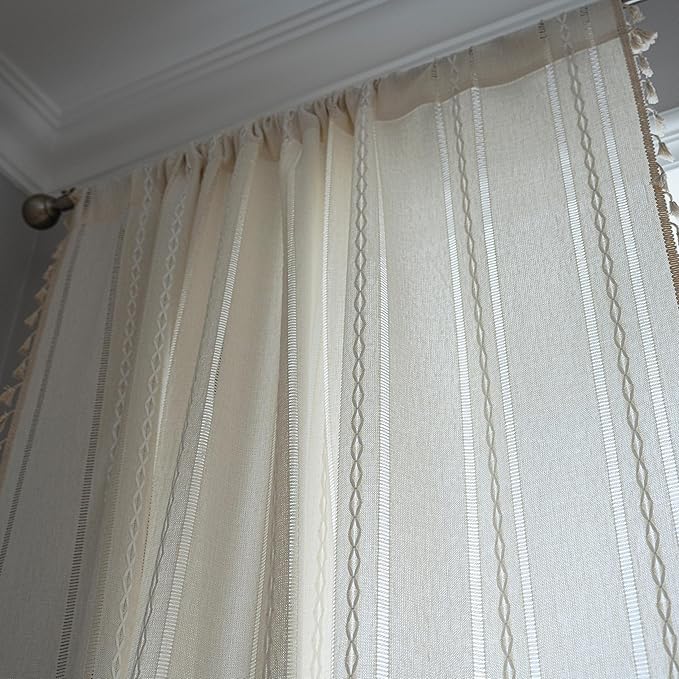 Sutuo Home Boho Curtains for Bedroom Living Room 84 Inches Long, Semi-Blackout Rustic Country Linen Embroidery Vintage Chic Tassels Hollow Window Treatment Bohemian Drape, 1 Panel 52" W x 84" L, Ivory