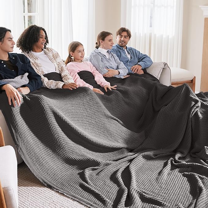 Bedsure 100% Cotton Large Blanket Oversized King for Bed - Breathable Waffle Weave Blanket for Summer Spring, Couch Cover, Dark Grey, 120x94 inches