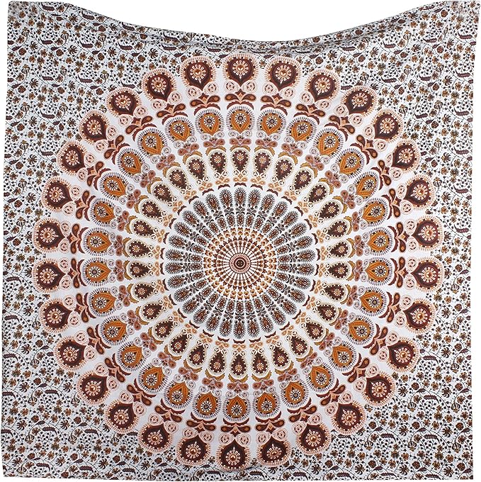 Bless International Handmade Indian hippie Bohemian Psychedelic Peacock Mandala Wall hanging College Dorm Beach Throws Table Cloth Bedding Tapestry (Orange Brown, Queen(84x90Inches)(215x230Cms))