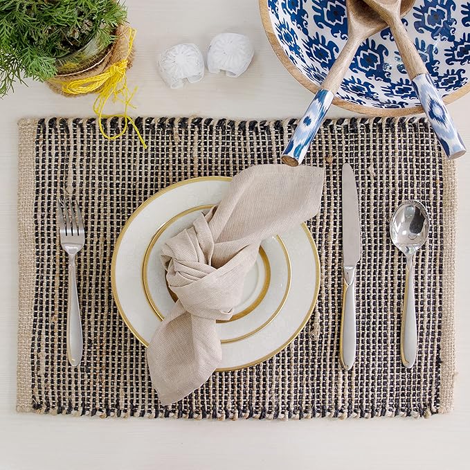 Chardin home | Natural Jute Placemats Set of 4 | 13x19 Inch Rustic Farmhouse Place mats | Table mats Colors - Natural Jute and Black Charcoal.