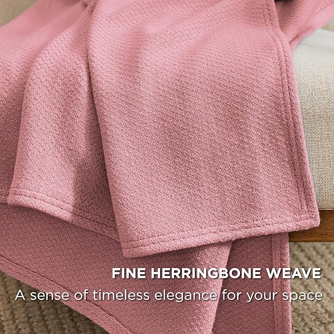 Bedsure 100% Cotton Blanket King Size for Bed - Breathable and Lightweight, Soft Cozy Textured Herringbone Woven Blanket for Summer, Pink, 108x90 inches