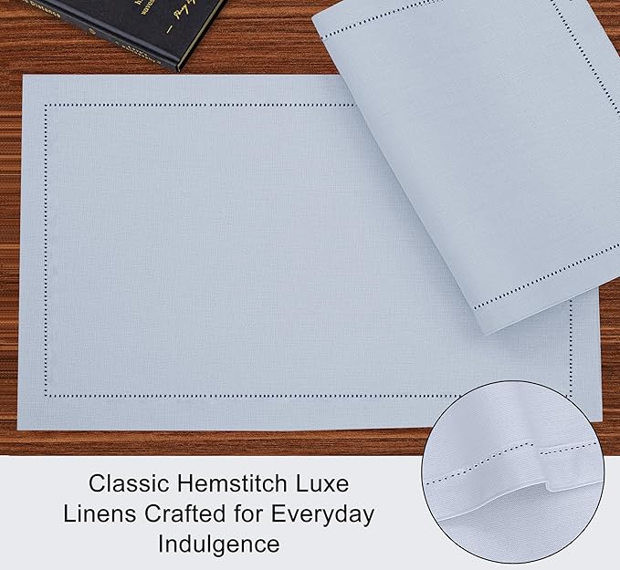 Ruvanti Linen Placemats Set of 6-13x19 Inch, Classic Hemstitch, Heat Resistant Machine Washable Place Mats, Soft & Elegant- Perfect for Christmas, Thanksgiving, Easter, Wedding, Dinner - Arctic Ice