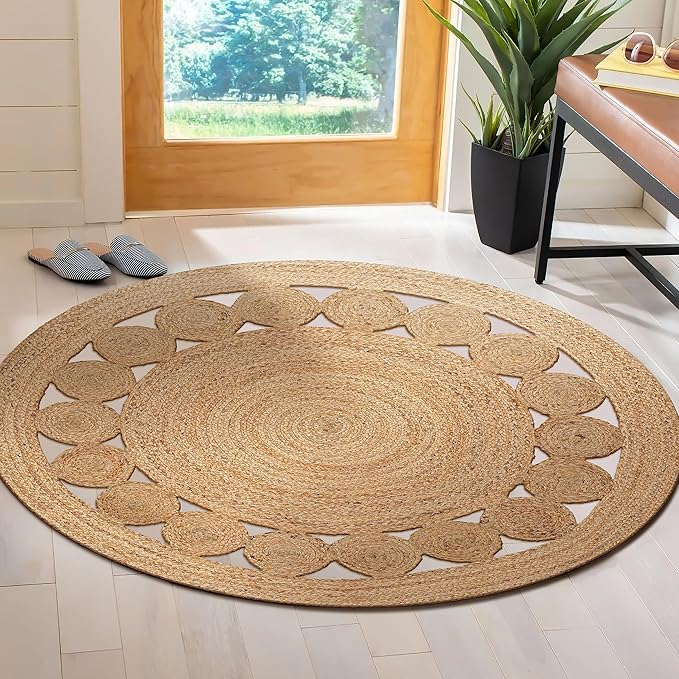 Savi Home Jute Area Rug Handwoven- 4 feet Round- Natural Beige - Rustic Vintage Beige Braided Reversible Rug- Eco Friendly Rugs for Farmhouse, Bedroom, Kitchen, Living Room