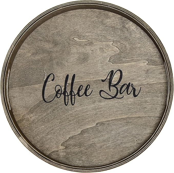 Elegant Designs HG2013-RGC Decorative 13.75" Round Wood Serving Tray w/Handles, Rustic Gray Coffee Bar